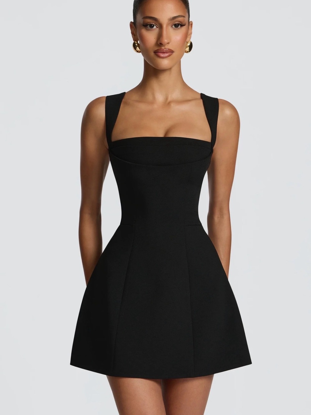 Structured Square-Neck Black Mini Dress